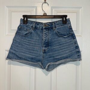 Forever 21 Blue Jean Shorts High-Waisted, Button fly, Frayed Hem. Size 26